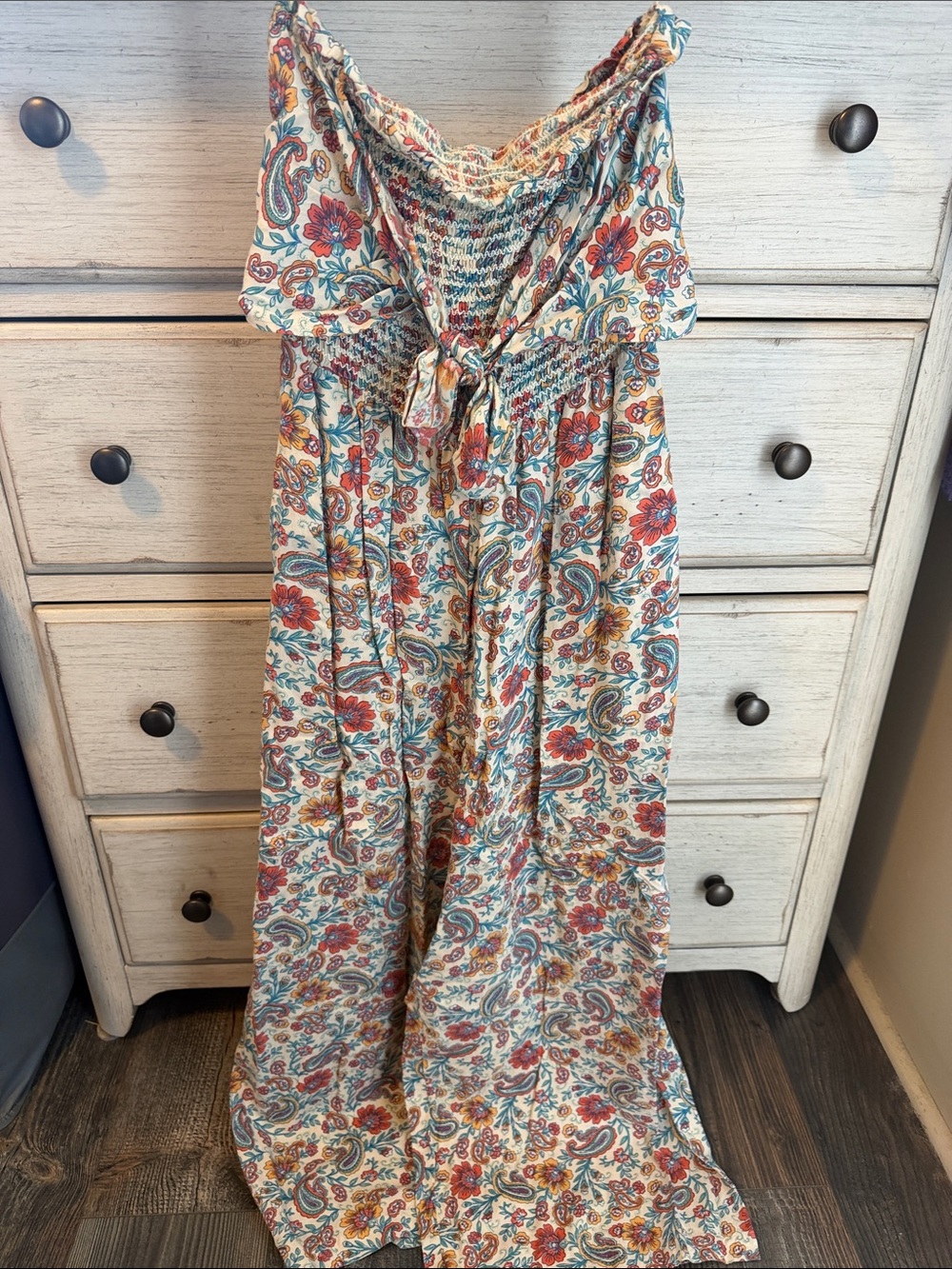 Boho strapless Floral Maxi Romper Dress in Cream, Red & Teal